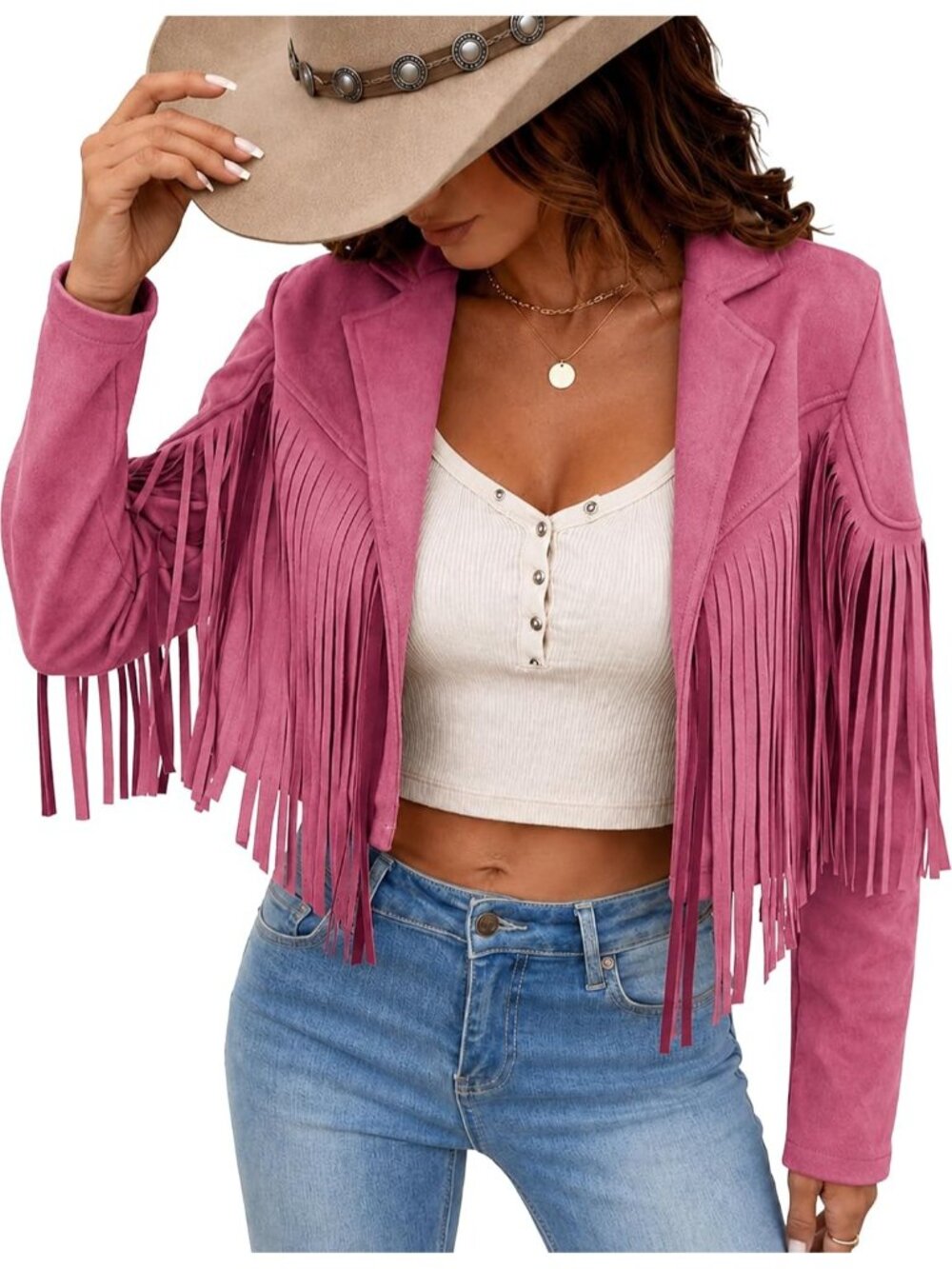Women's Pink Suede Leather Tassel Jackets With Lining Cropped Fringe 80s Coats